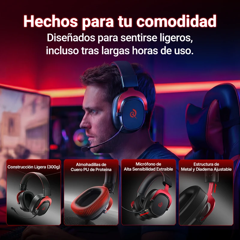 QCY Wireless Gaming Headset Heroad VT200 Audífonos Gamer con Micrófono Desmontable, Over-Ear, Conexión Tri-Mode, Sonido Surround 7.1 para PC/PS4/PS5