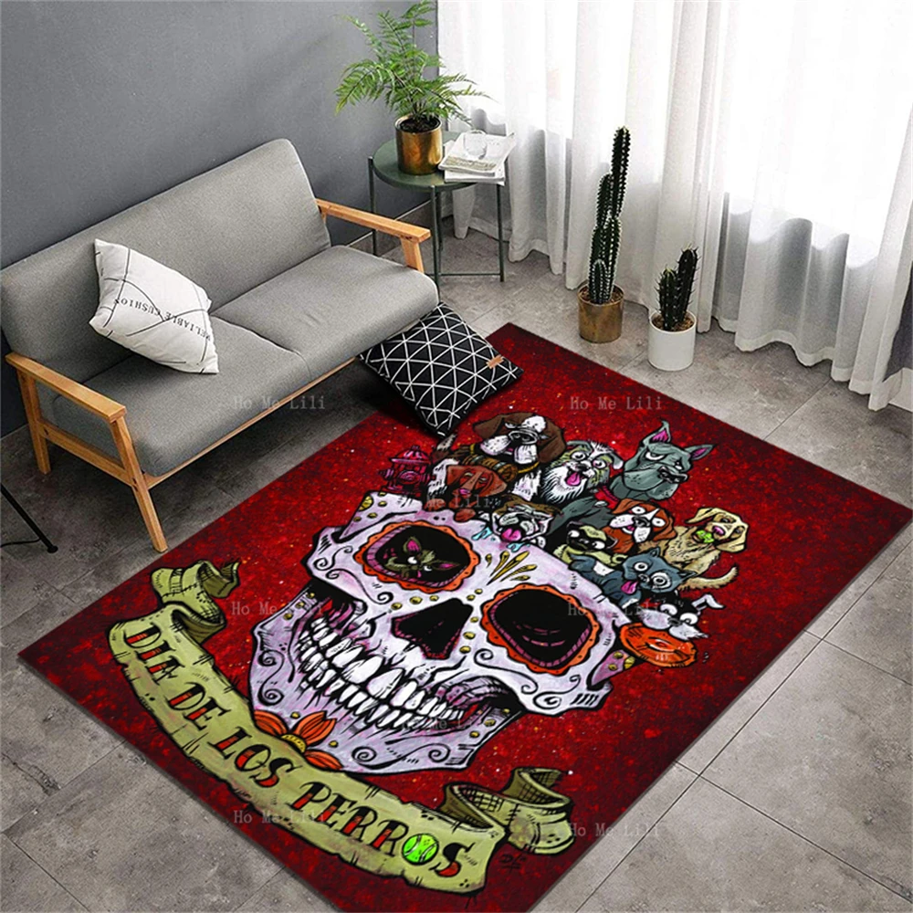 Day Of The Dead Art Dogs Cats Animals Halloween Mosaic Sugar Skull Mexican Traditional Style Flannel Floor Carpet