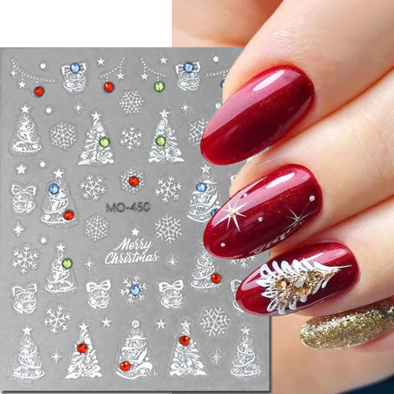 

5d Emboss Nail Art Stickers Diamonds Glitter White Xmas Trees Balls Gold Snowflakes Nail Decals For Manicure Tips Accessories