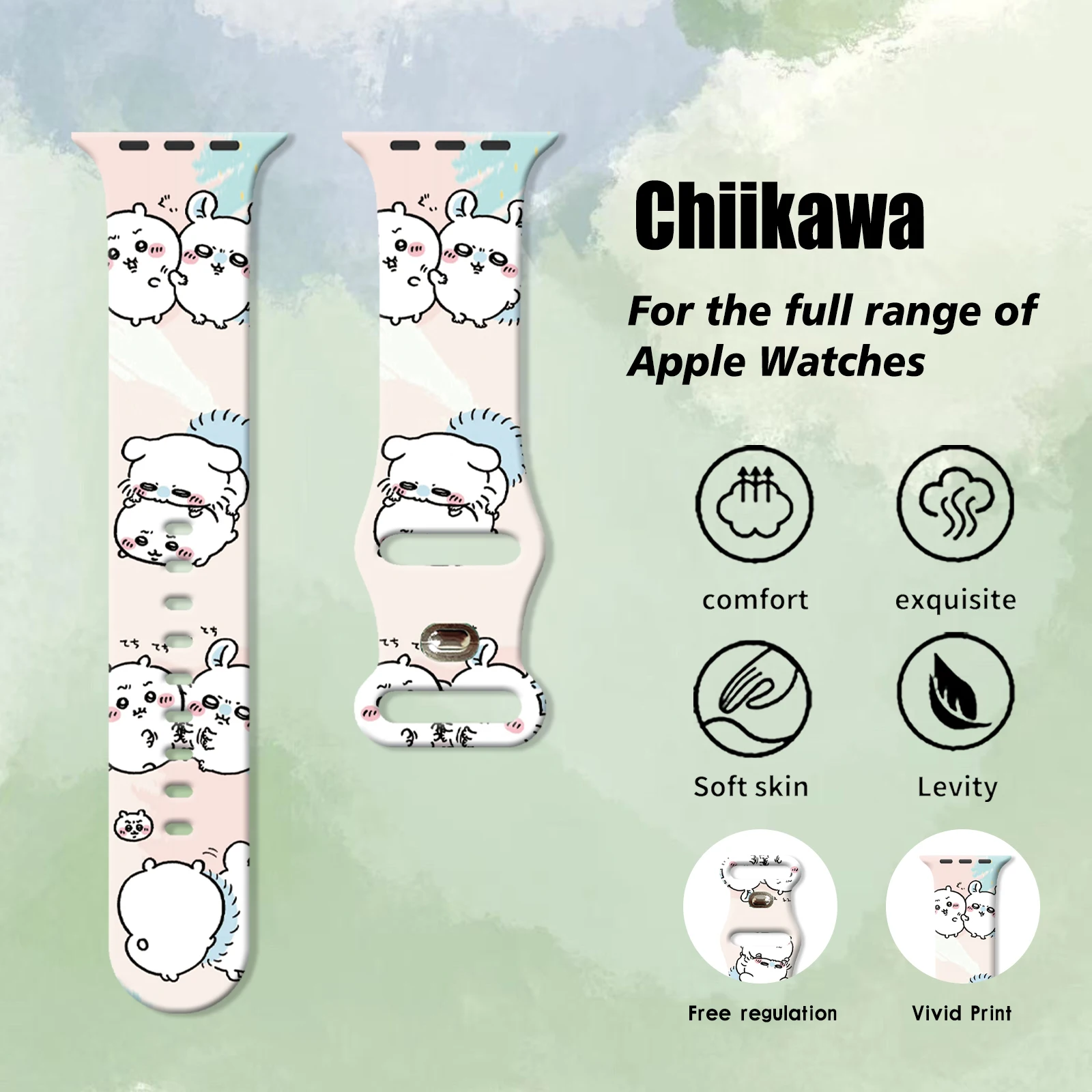 حزام طباعة سلسلة Chiikawa Clumsy-cute لساعة Apple 11/10/9/8/7/SE، سوار سيليكون بديل ناعم مقاوم للماء 46/45/44/42 ملم
