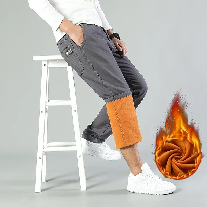 New Men's Plush Fleece Pants Autumn Winter Fleece Lining Cotton Trousers Men Loose Fit Thicken Long Pants 5XL 6XL Classic Pants