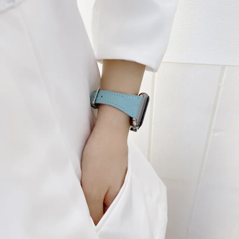 นาฬิกา Apple สายหนังรูปตัว T สำหรับผู้หญิง FF-13bx 6 5 4 3สายหนังลายลิ้นจี่เอวเล็ก38มม. 40มม. 42มม. 44มม.