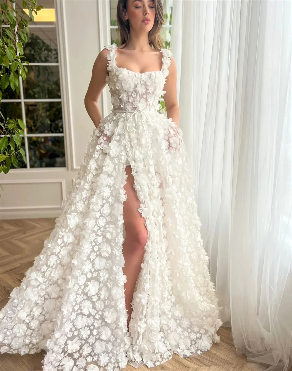 Kyoto Beige 3D Flowers Lace-up Back Wedding Dress A-line Floor-length vestidos de novia Customized Side Slit Evening Dresses image 4