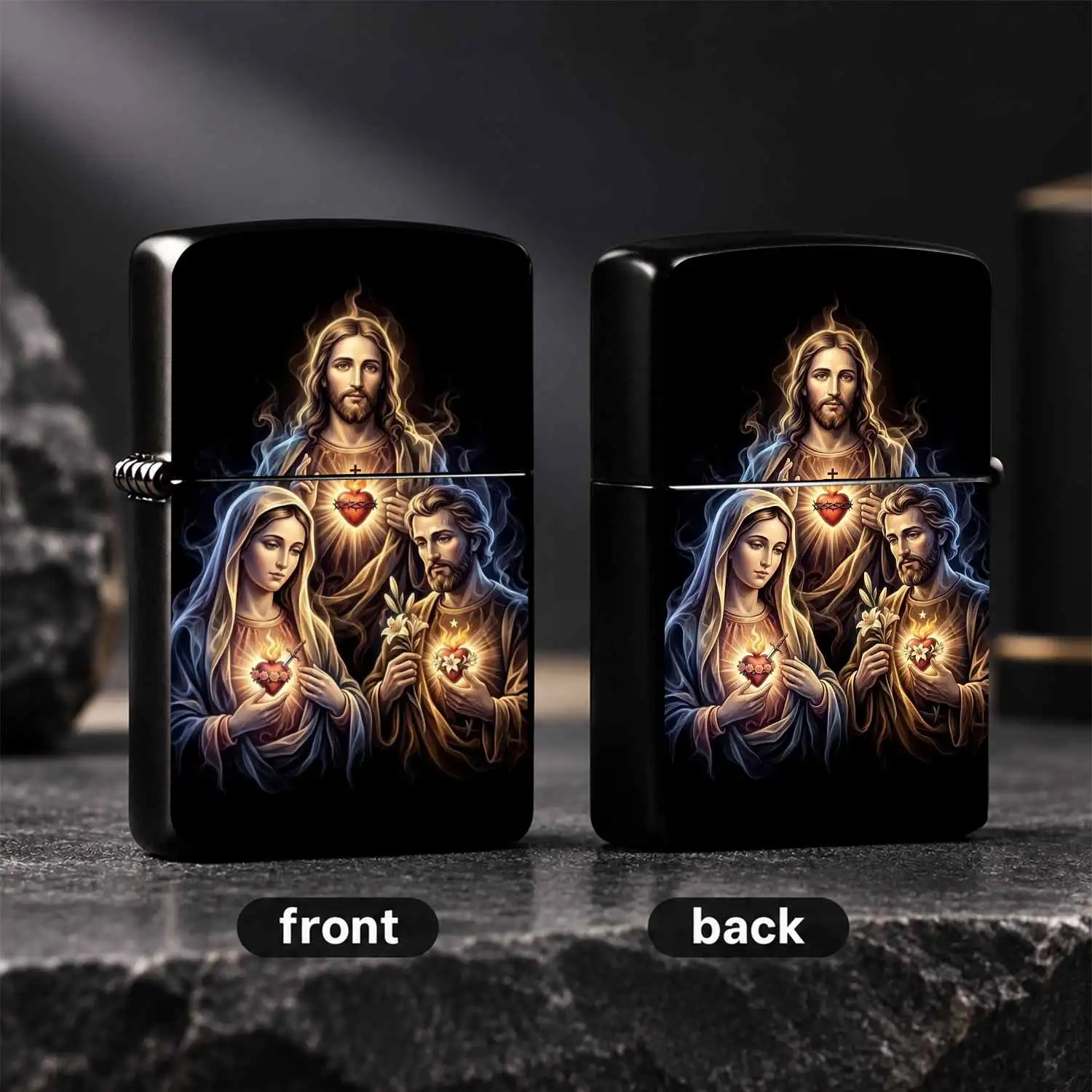 Holy Family Featuring Sacred Hearts Of Jesus Mary And St Joseph Exquisite Religious Belief Themed Print Windproof Portable Durable Practical Daily Ignition Tool Ideal For Religious Believers Devotional Use Thoughtful Festive Present For Fai