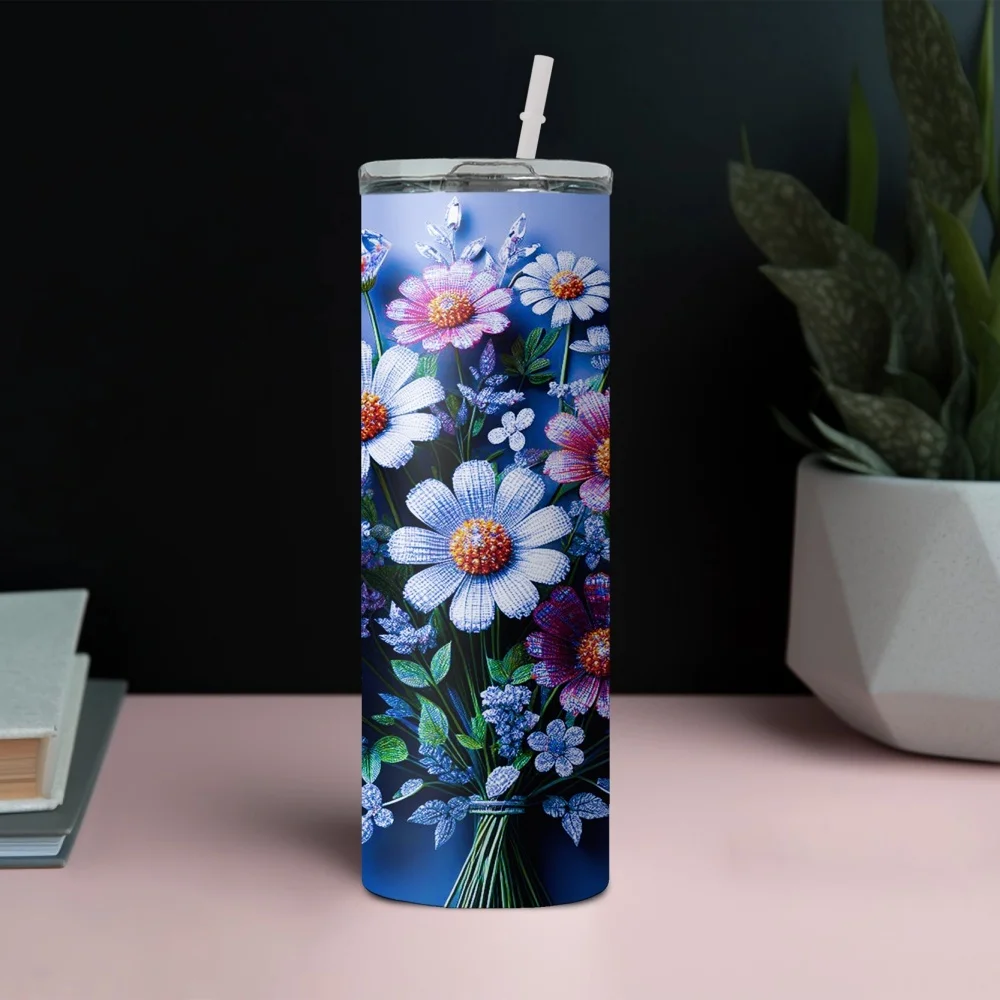 1pc 20oz Stainless Steel Insulated Tumbler with Diamond Bouquet Design, Keeps Drinks Hot or Cold for Car/Home Use - Gift Idea to Family & Friends (Includes Straw)