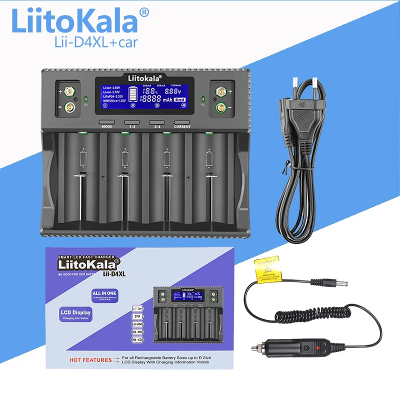 LiitoKala Lii-D4XL Smart Charger for 3.7V Li-ion 3.2V LiFePO4 1.2V NiMH/Cd Various Battery Sizes including AA AAA 9V