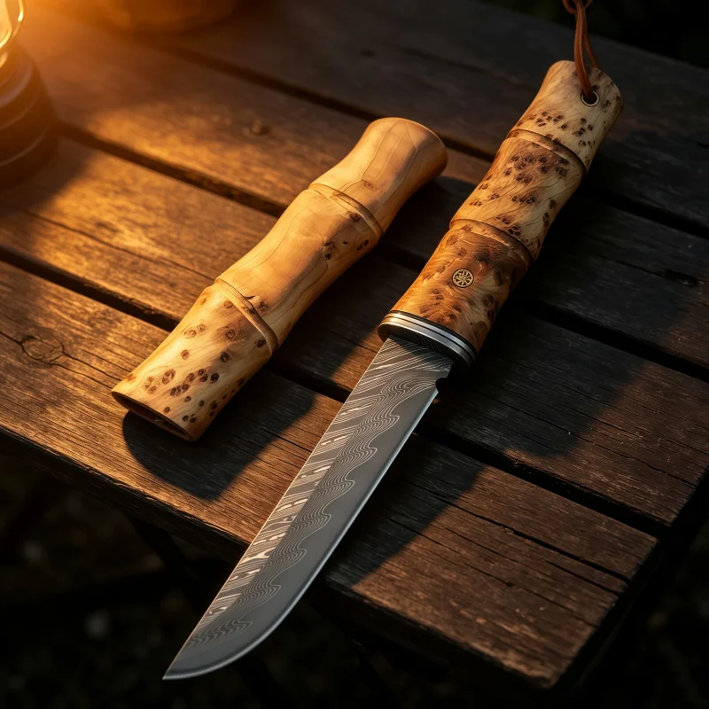 Damascus Pattern Fixed Blade Knife, Bamboo Shape Stabilized Wood Handle, Hand Craft Collectible Tool with Decorative Wooden She