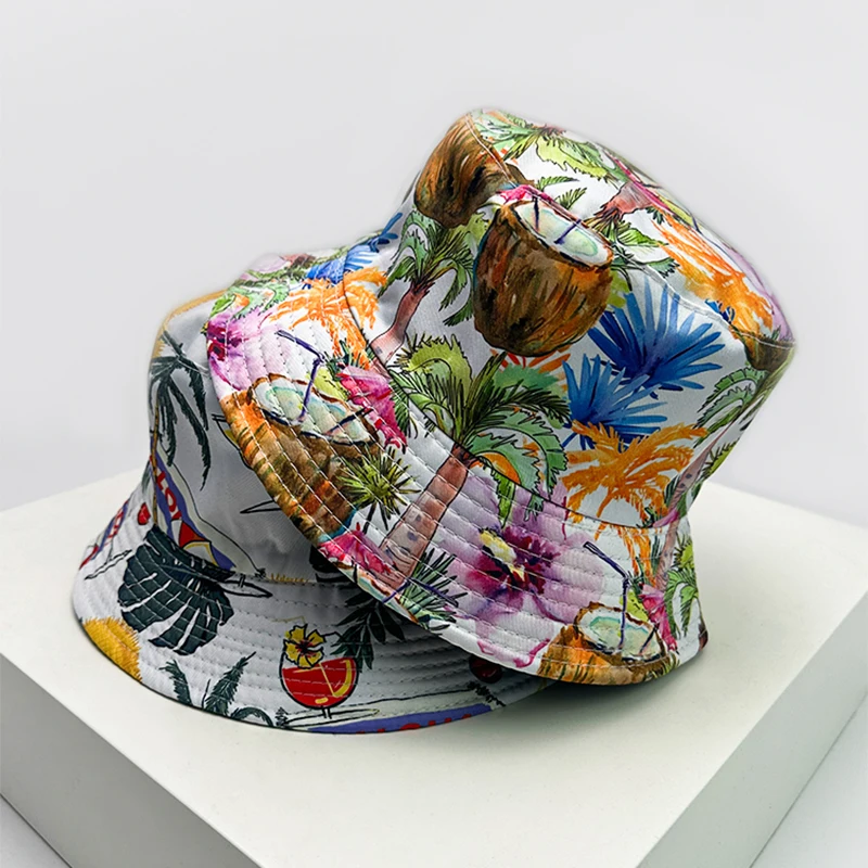 New Unisex Print Coconut Tree Flamingo Bucket Hats Sunshade Casual Versatile Travel Double Sided Wearable Fisherman Caps Fashion