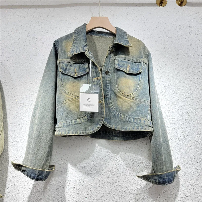 

Retro Washed Denim Jacket Women's Autumn New Design Sense Casual High Waist Short Long Sleeve Jacket Top