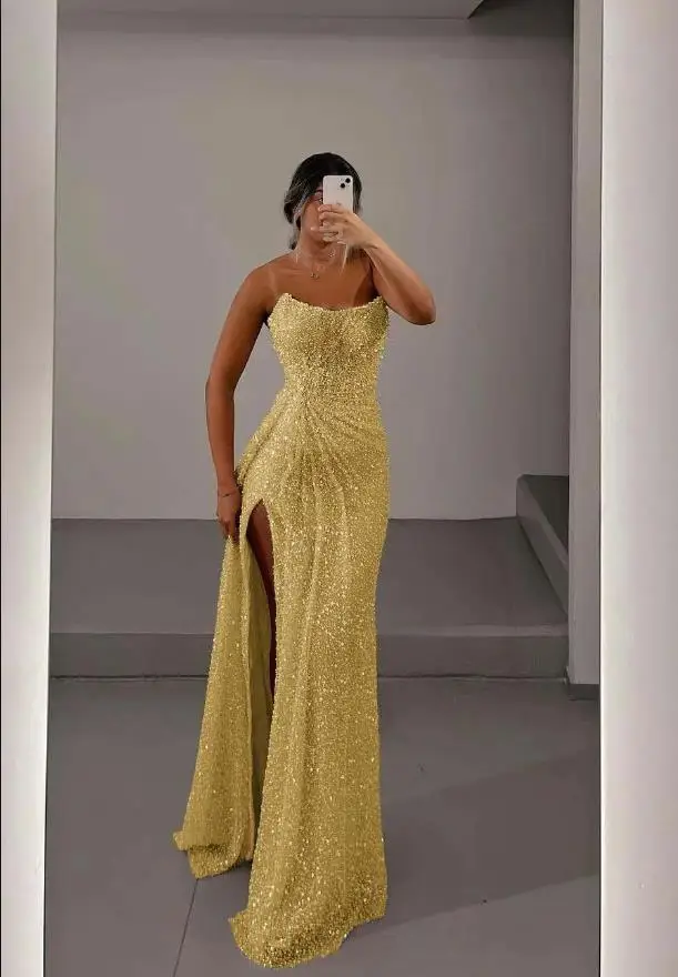 Customized Glamorous Light Pink Sequins Strapless Sleeveless Long Prom Dress with Split Glitter Mermaid Formal Cocktail Dress