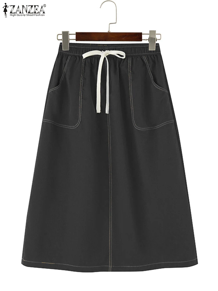 

ZANZEA 2025 Casual Women Denim Long Skirts Autumn High Waist Pockets Loose Midi Skirts Elastic Waist Solid Color OL Overskirts