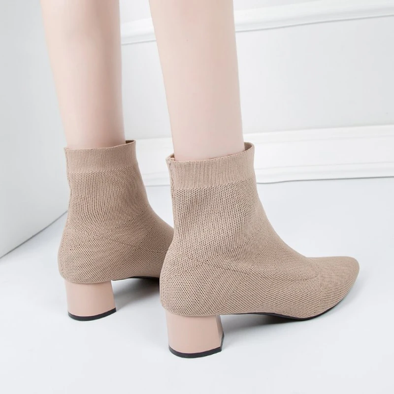 Pointed Toe Ankle Boots Autumn Women\'s Korean Style Fashion Solid Color Elastic Sock Boots Thick Heel High Heels Botas Femeninas