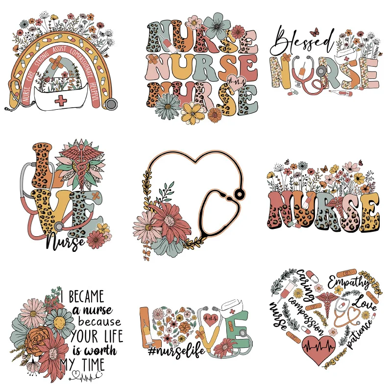 Médico e Enfermeira Alfabeto Adesivos, Padrões Exquisite Dos Desenhos Animados, Patches Artesanato, Transferência de Roupas, DIY Acessório, 9 Pcs