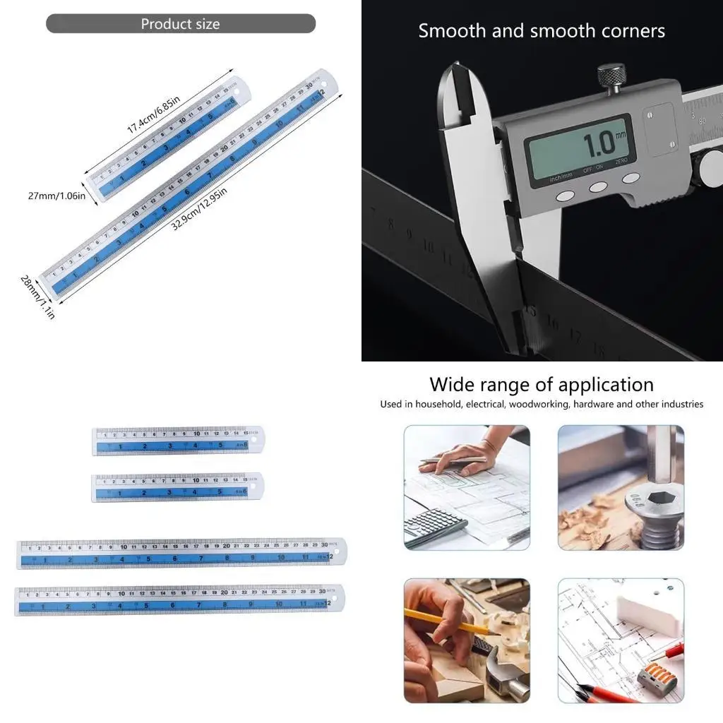 

E8BD MultiPurpose Straight Edges Ruler with Safety Edges, for Precise Measuring Needs Double Measurement Ruler Easy Storage