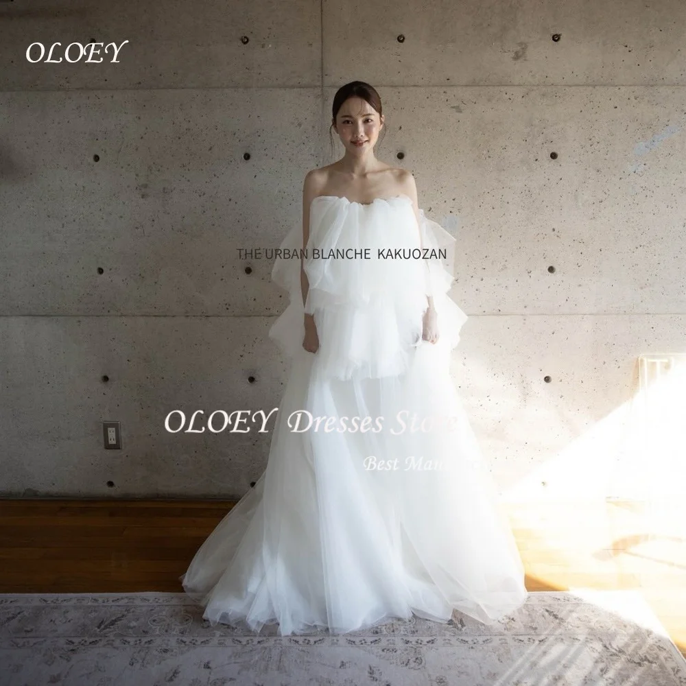 

OLOEY 2026 New Elegant White Tulle Tiered Korean Strapless Wedding Dress Floor Length Korea Wedding Dress Photo Shoot