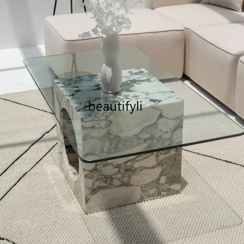 

yj19 Natural marble glass coffee table household small apartment living room square coffee table light luxury Italian style2005