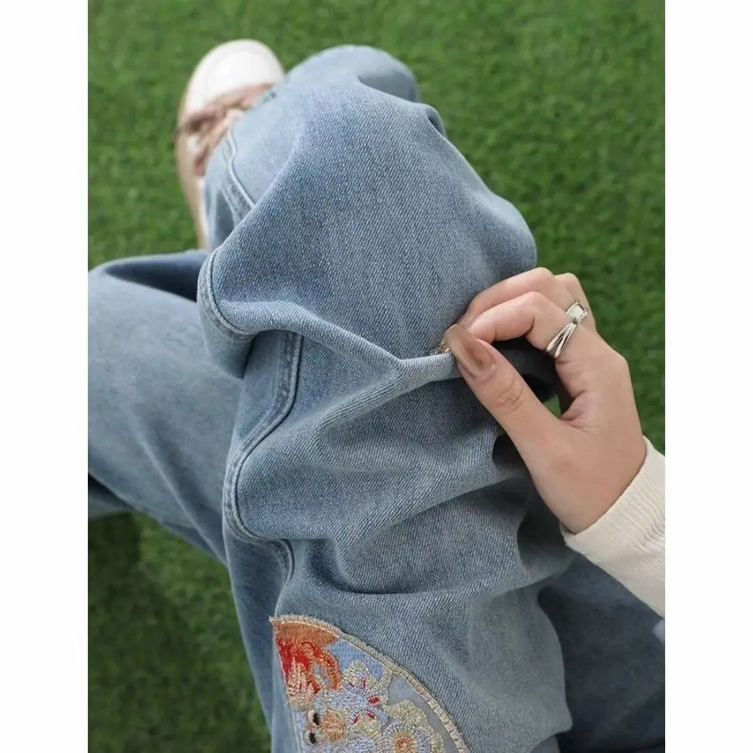 

Новые китайские джинсы с вышивкой, с высокой талией, прямые, облегающие, женские, скрывающие бедра, свободные, широкие, длинные летние брюки