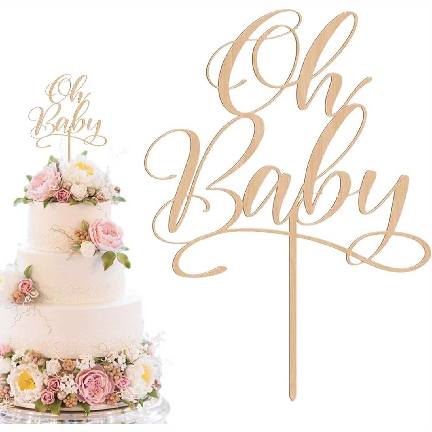 1 PC Oh Baby - Wooden Cake Topper for Baby Shower, Gender Reveal, Baptism, Christening Party Decorations - Rustic Nursery Decor