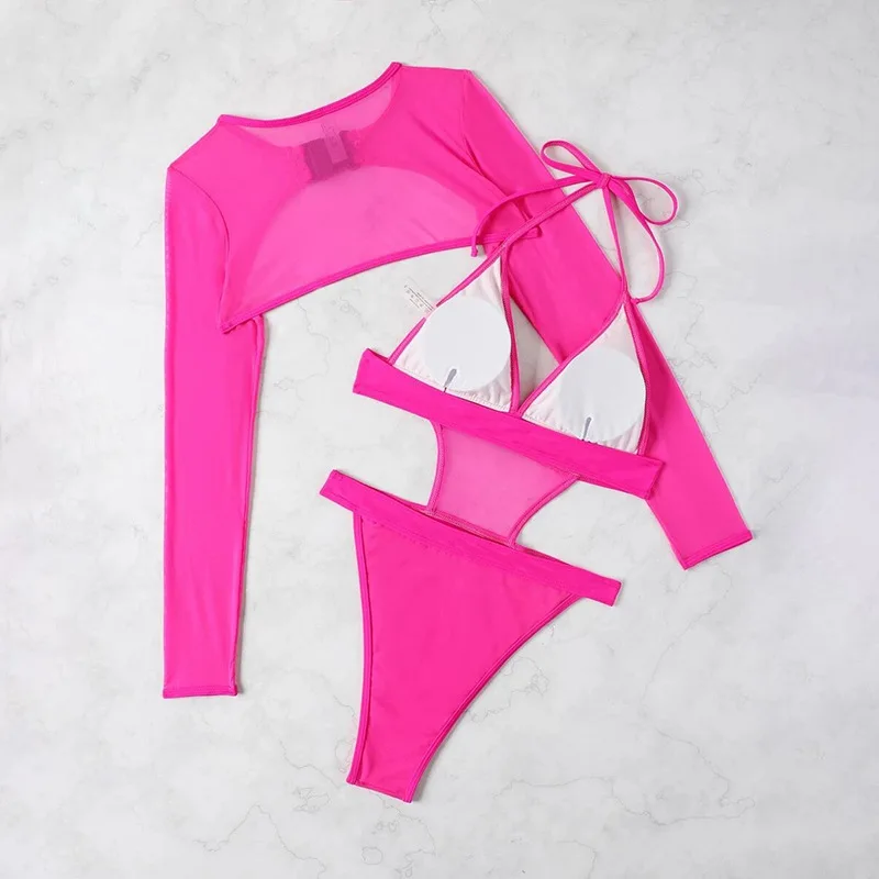 جديد بلون مثير قطعة واحدة ملابس السباحة النساء طويلة الأكمام بيكيني التستر بحر المايوه #3