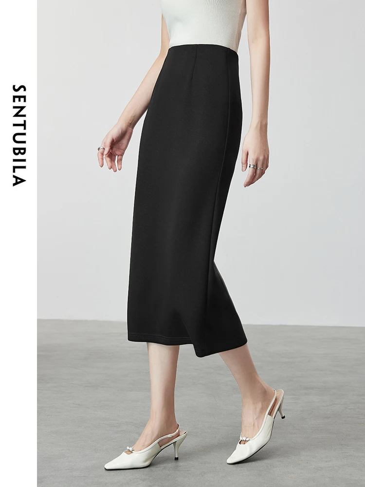 SENTUBILA Slit-hem Knitted Skirt Women 2024 Autumn High-waist Straight Solid Simple Office Lady Basic Long Black Skirt 143Q55788