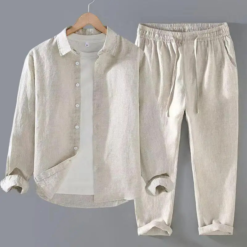 2026 Sommer Herren Baumwoll-Leinen Zweiteiler Set mit Umlegekragen Kurzarmhemd Locker Atmungsaktiv Passende Hose Strandurlaub – Detail 2