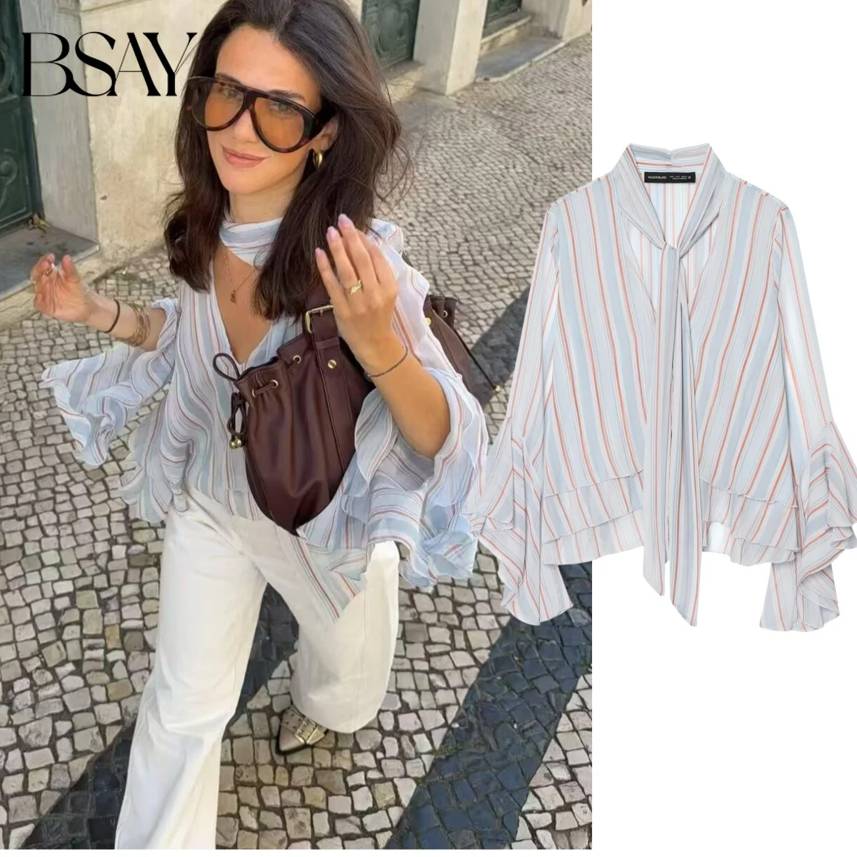 

BSAY New Summer Women Elegant Romantic Striped Tie Neck Sheer Ruffle Flare Long Sleeve Blouse Irregular Hem Daily Casual Shirt