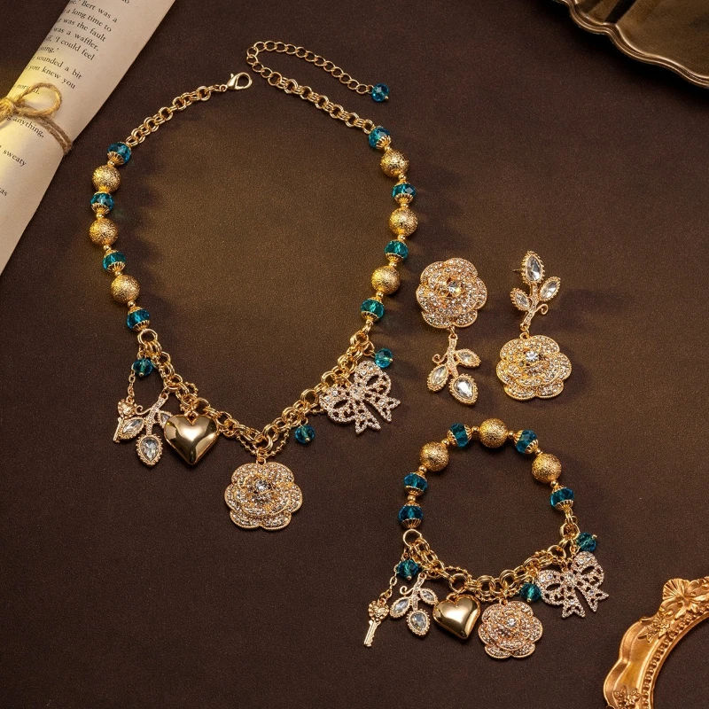 Vintage Flower Inlaid Diamond Tassel Beaded Necklace Retro Court Style Luxury Jewelry Gift for Women