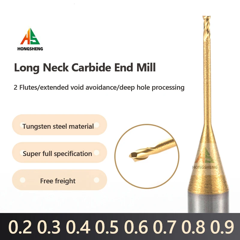 Micro End Mill Carbide CNC Deep Long Neck Small Mini Tool 0.2 0.3 0.4 0.5 0.6 0.7 0.8 0.9 2Flutes Deep Groove Milling Cutter