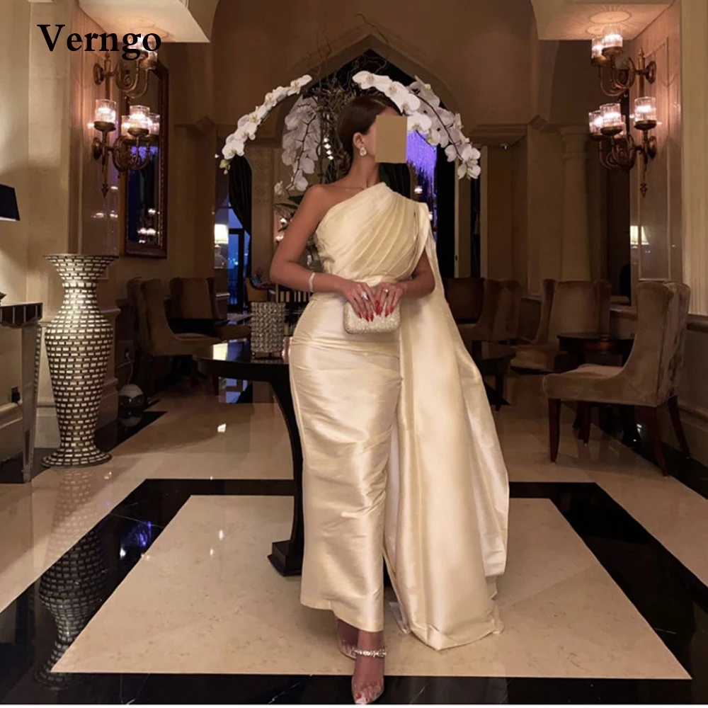 

Verngo Beige Taffeta Prom Evening Dresses One Shoulder Long Cape Shoulder Pleats Ankle Length Formal Party Dress Dubai Saudi