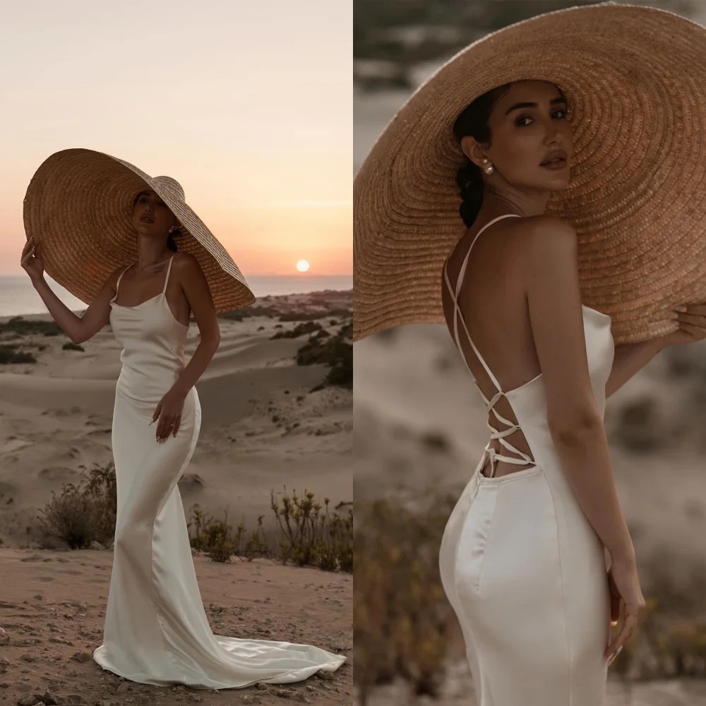 

Customized Exquisite Champagne Satin Wedding Dress Elegant Strapless Spaghetti Straps Sleeveless Lace Up Back Bridal Gowns