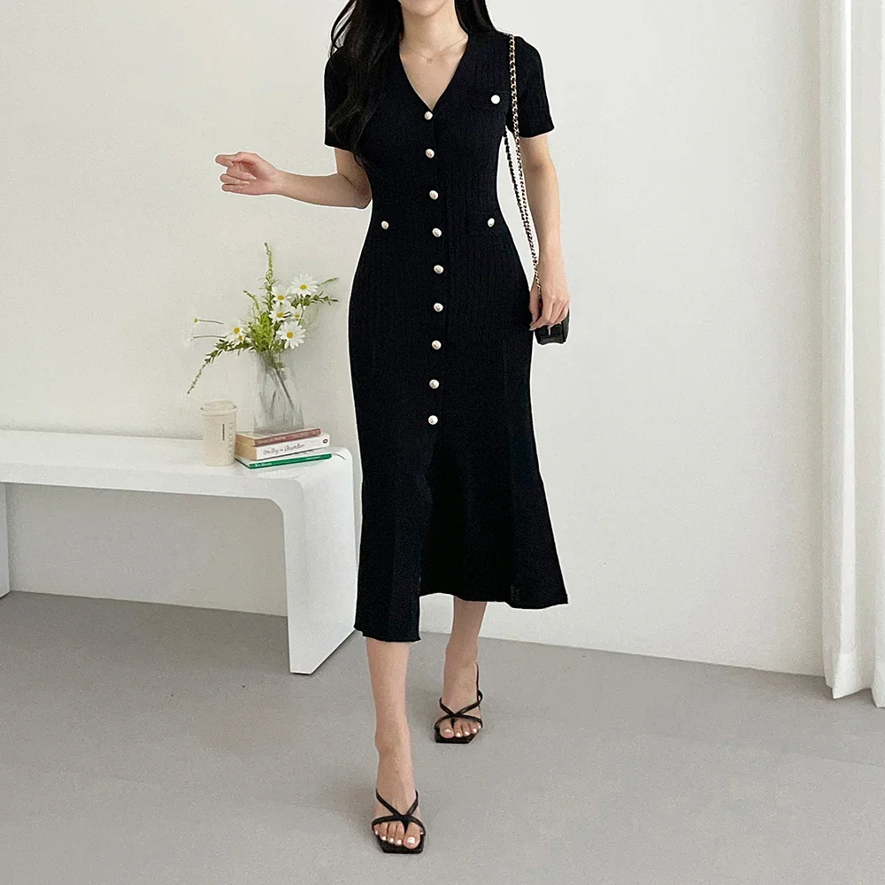 Summer Midi Dress Women Knitted Black Bodycon Korea Style Ruffle Ladies Dresses Elegant Fashion Casual Woman Dress 2024