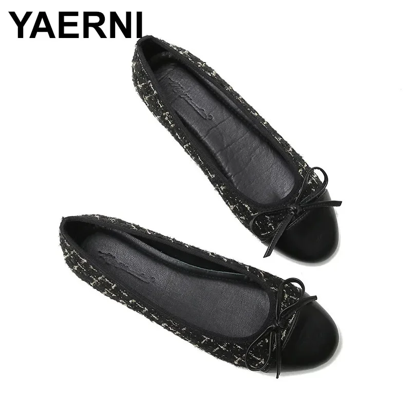 YAERNI Ladies Nubuck Leather Cloth Flats With Butterfly-Knot Slip-ons TPR Soft Bottom Ballet Shoes Patchwork Wide Fitting 44-33