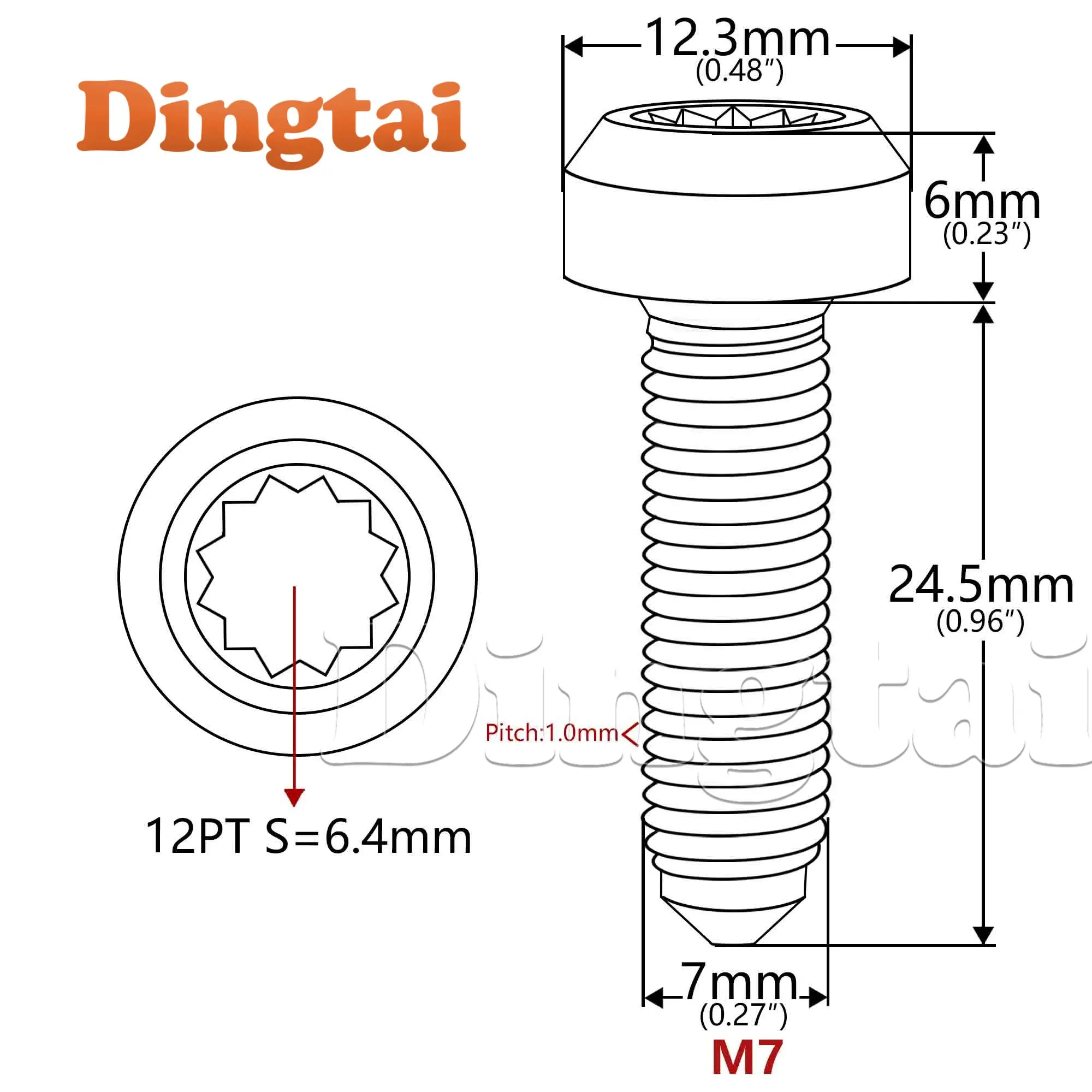 Dingtai Titanium Bolt 5/10PCS M7 x 24.5mm bolt Titanium Gr5 8mm spline socket forged head BBS split rim