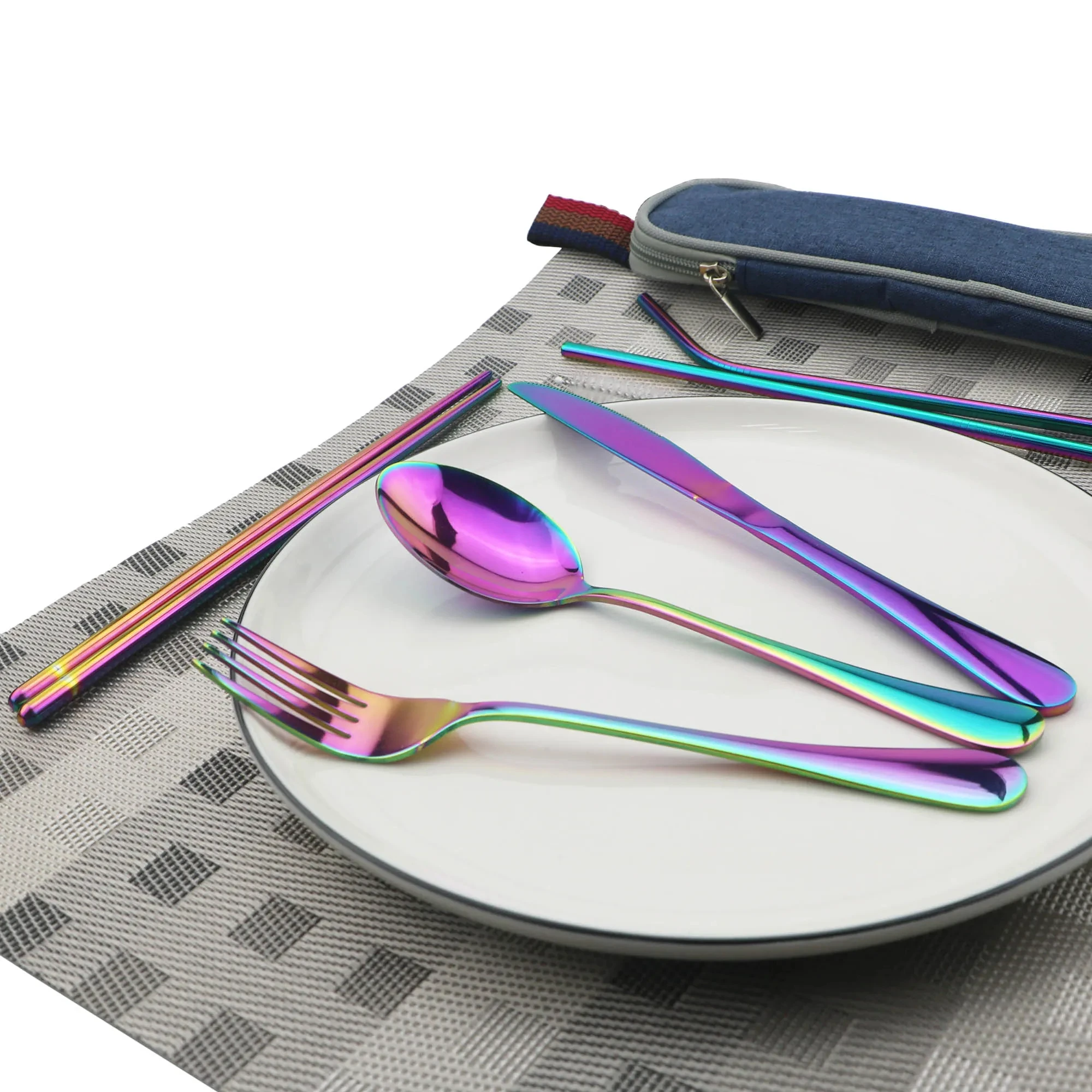 Travel Hiking Dinnerware Set with Reusable Metal Straw Cutlery Stainless Steel Spoon Fork Chopsticks Silverware Portable Pouch