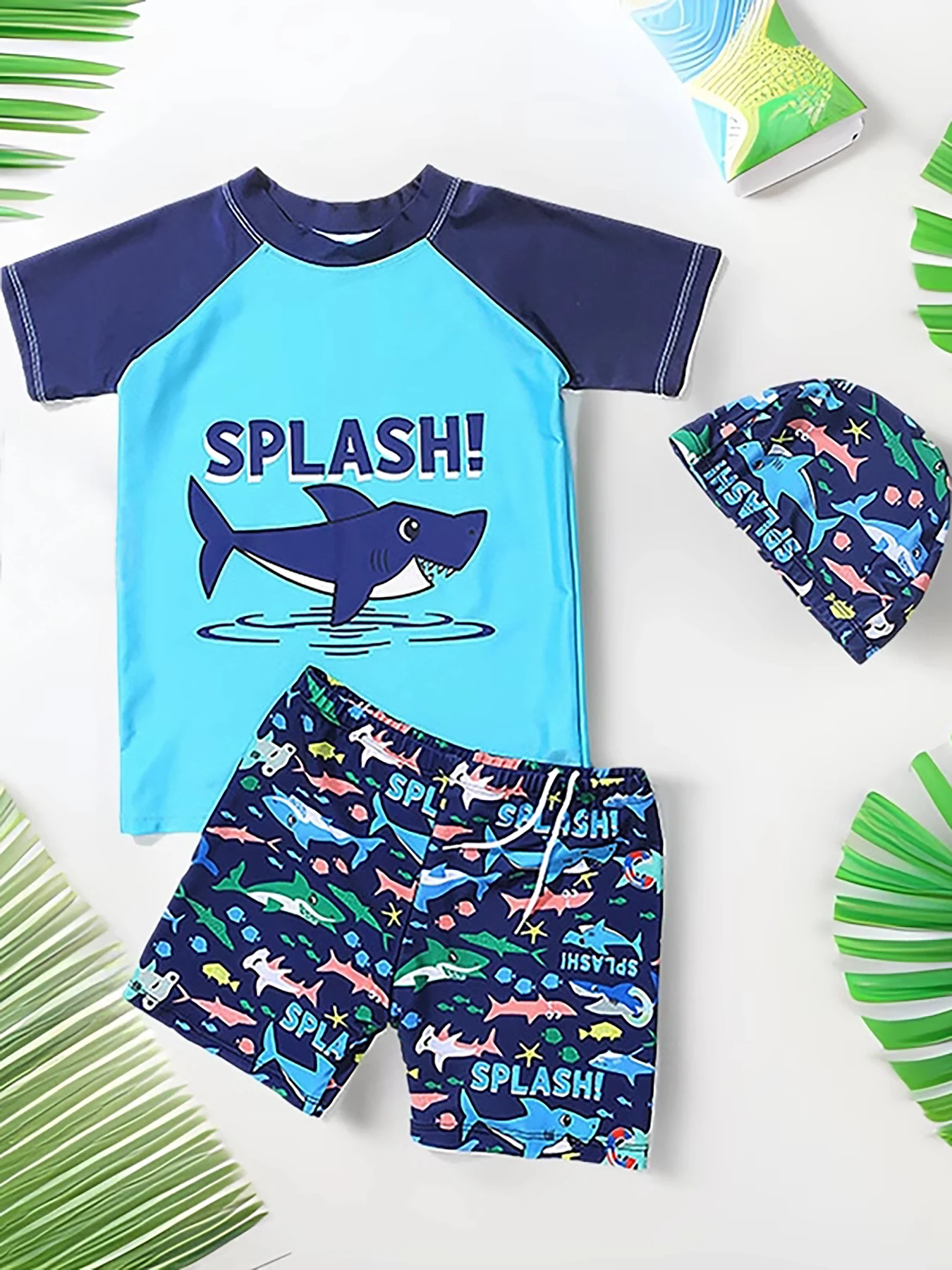 

Cartoon Shark Print Swimwear Set Stylish Beach Surfing Casual Vacation Pool Training Dual-Use Design