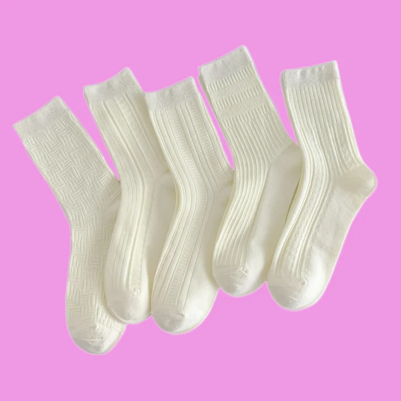 3/6 Pairs New Double Needle Pile Socks Spring And Summer Thin Simple Vertical Stripes Outer Wear Milky White Women's Socks