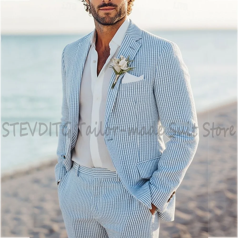 New Arrival Pinstriped Men Suit Notch Lapel Single Breasted Slim Outfit Beach Wedding Groom Summer Casual Formal Traje Hombre