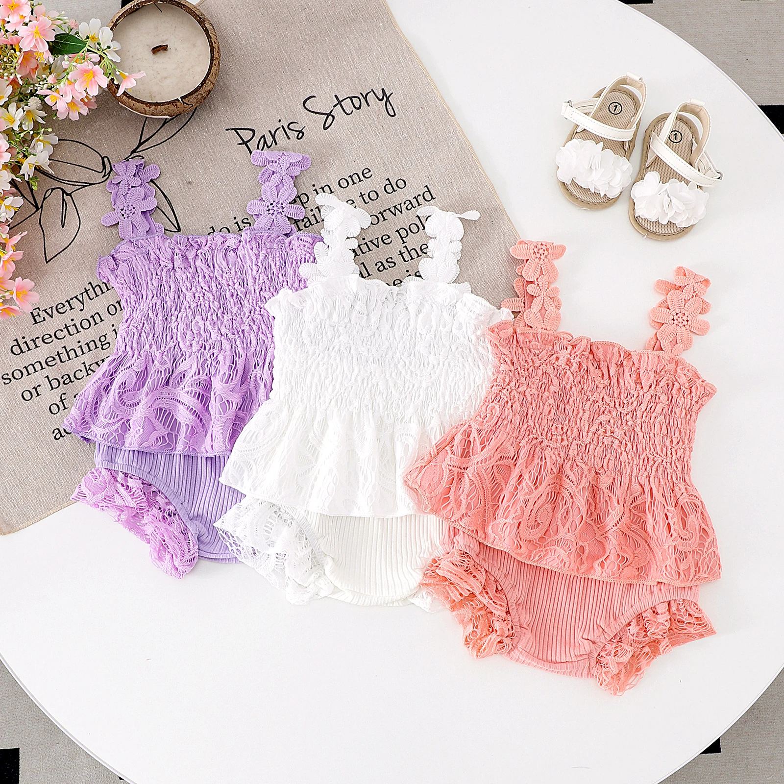 

2PCS Summer Cross-Border European And American New Style Girl Baby 0-1 Years Old Sweet And Cute Mesh Strap Top + Pants