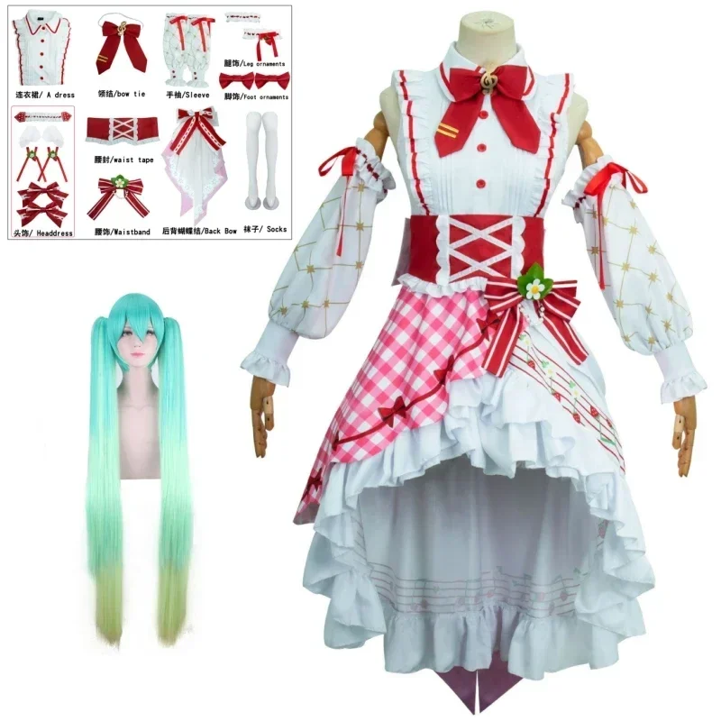 

FC6Miku Cosplay Strawberry Miku 15th Anniversary Cosplay Costume Wig Lovely Lolita Dress Women Halloween Uniform Party Fanc@FC8！