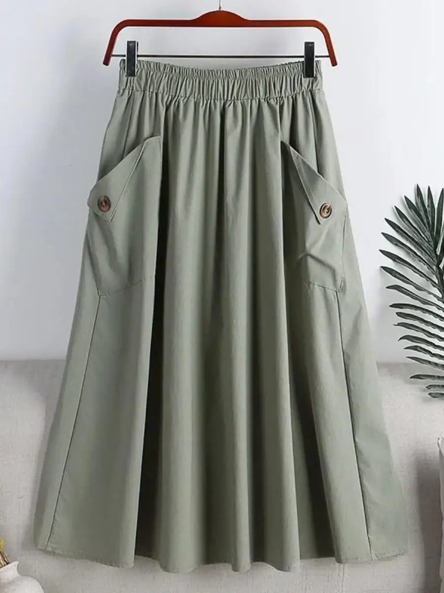 

Summer New Style Women's High Waist Elastic Waist Midi Skirt with Pockets Workwear A-Line Skirt Trendy Casual Long Pants