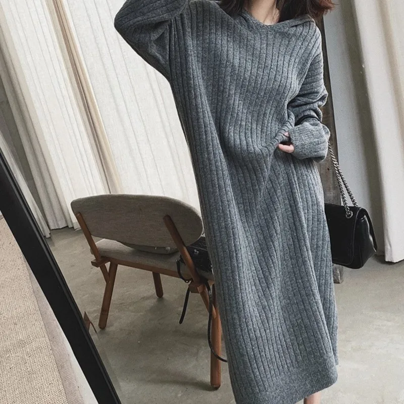 

Loose And Long In The Winter Of Korean Edition Over-the-knee Hooded Joker Knitting Dress Languid Is Lazy Style Hair Dress Female