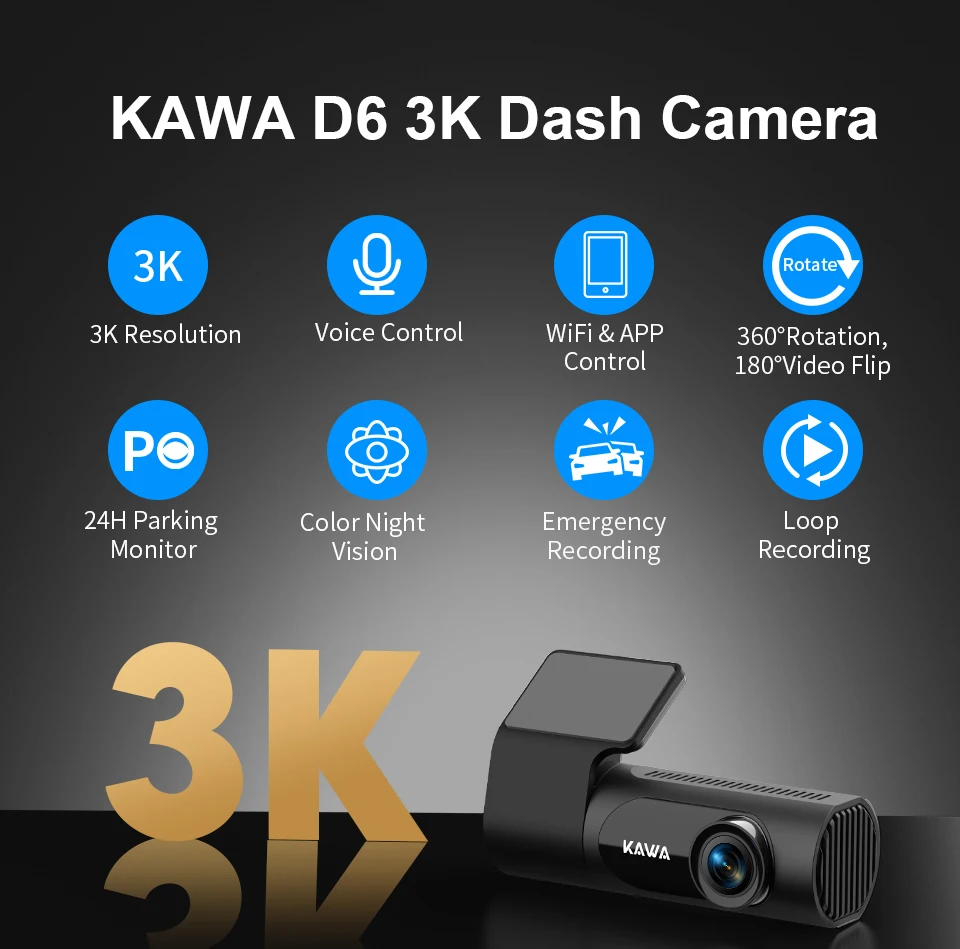 KAWA داش كام مسجل فيديو D6 3K كاميرا سيارة ، جهاز تسجيل فيديو رقمي للسيارات التحكم الصوتي داش كاميرا السيارات ، كاميرا داشكام للرؤية الليلية 2025 جديد