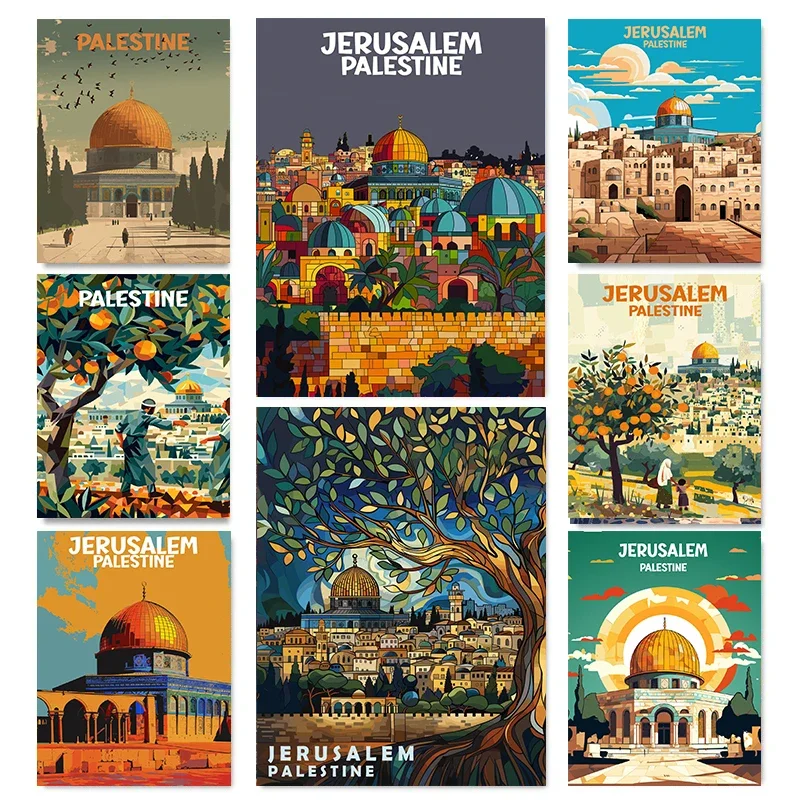 Jerusalem Palestine Travel Poster, Religious Shrine, Interconnection Prints, Canvas Painting, Wall Art, Living Room Decor