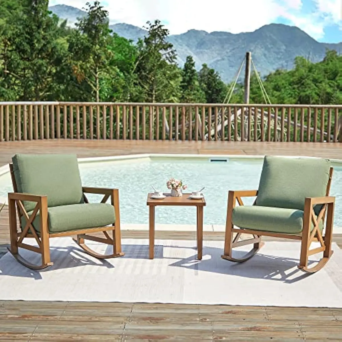 Three-piece outdoor rocking bistro ensemble featuring premium thick padded seating, compact yet spacious design ideal for balcon