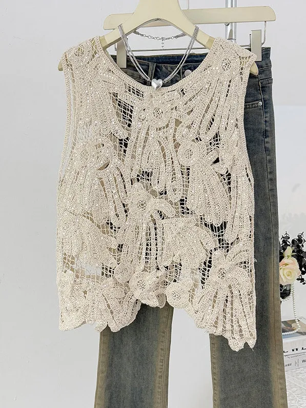 

Lace Hollow out round Neck Sleeveless Vest Women Spring 2026 Irregular Youthful Layered Top Polyester Fiber Outerwear