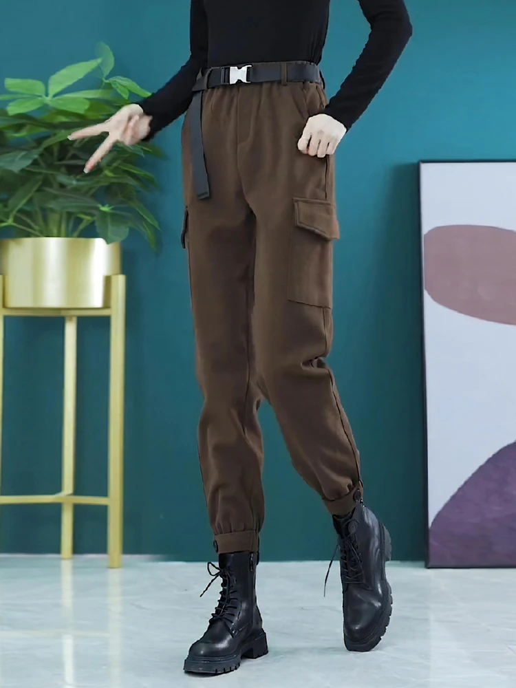 Women's Fleece Lined Thickened Harlan Cuffed Trousers Casual Style High Waist Polyester Fiber Pocket Detail Pure Color Pants