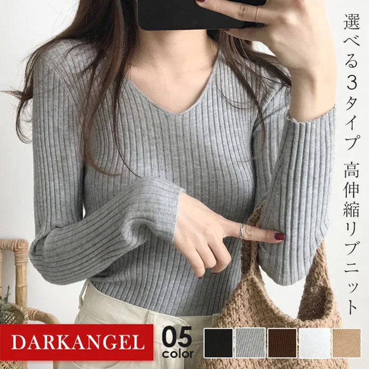 

Lotte, новая весенне-осенняя новая базовая рубашка, 3 типа вязаного топа в рубчик, женский топ с высоким воротником и v-образным вырезом