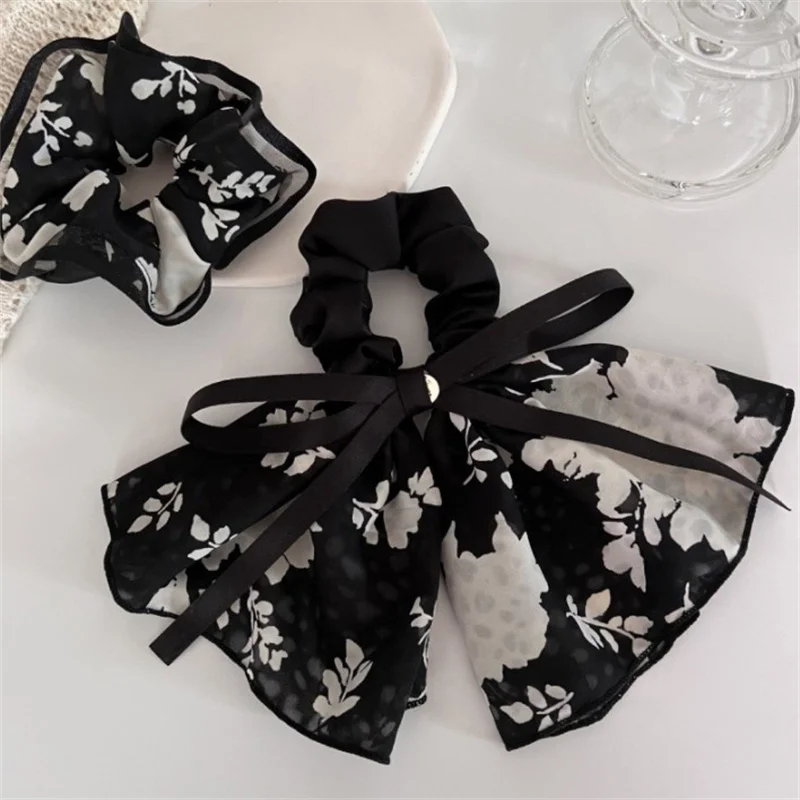 New Classy Women's Floating Ribbon Bow Ponytail Hair Ring Retro Ink Broken Flower Hairband Headband Girls Hair Accessories Gifts