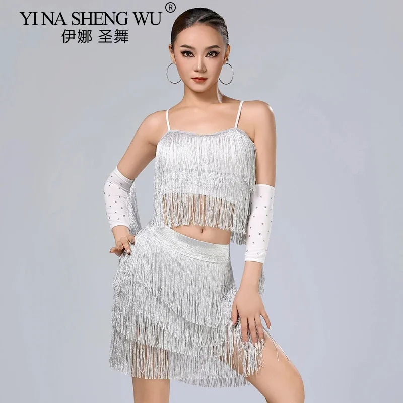 Ladies' Latin Dance Dress Adult Dance Dress Salsa Samba Dance Competition Tassel Dress Sexy Party Set with Sleeved Tassel Skirt