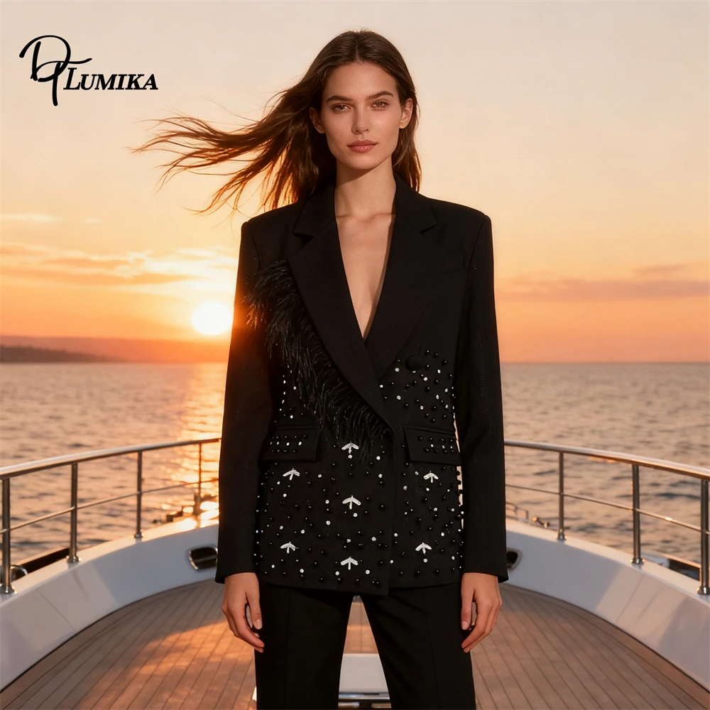 

Black Blazer for Women, Feather & Pearl Beaded Embellished Suit Jacket, Unique Slim Fit Formal/Party Outerwear Standout Office